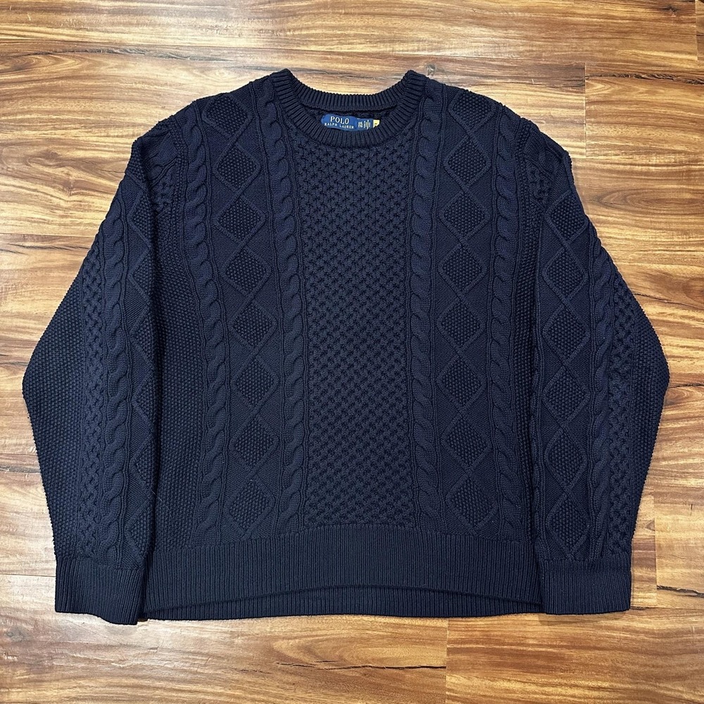 Polo Ralph Lauren Sweater Mens 2XL Blue Cable Knit Heavyweight Cotton Crewneck